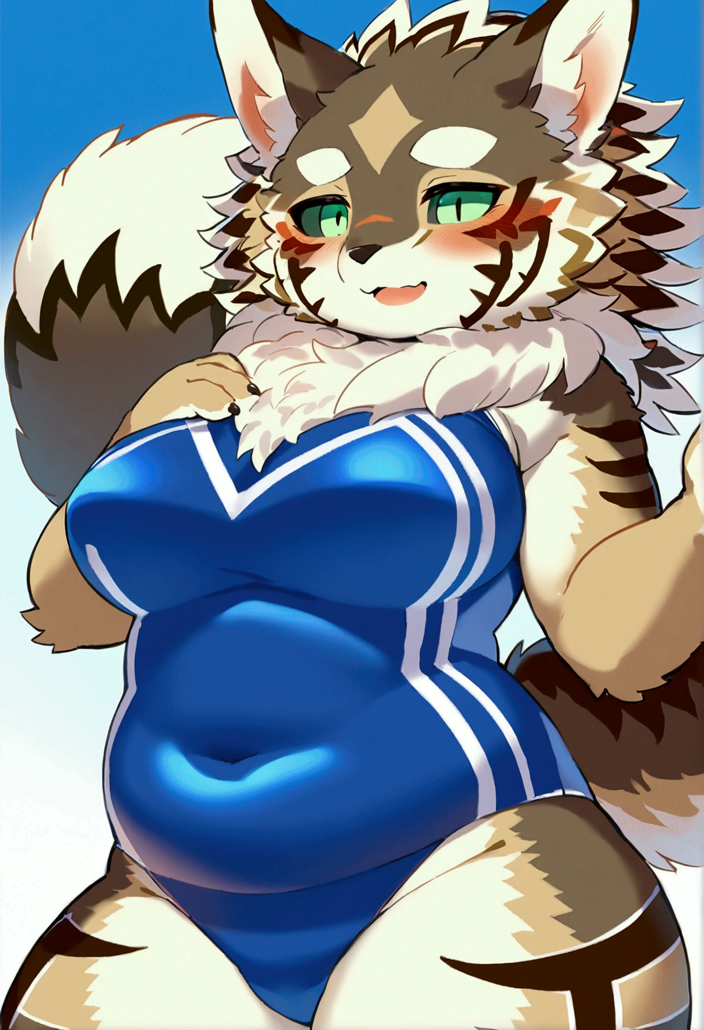 top quality, best quality, by bogexboog, High-quality illustrations, masterpiece), (kemono, furry anthro), very beautiful and detailed body face and eyes, round, 1 female, jackal, Seth, (Tokyo Afterschool Summoners), slightly chubby, mature face, brown furs, fluffy, tail, big breasts, perfect eyes, green sclera eyes, black pupils, beautiful japan school swimsuit, body movement, body twitching, red blushing, clumsy,