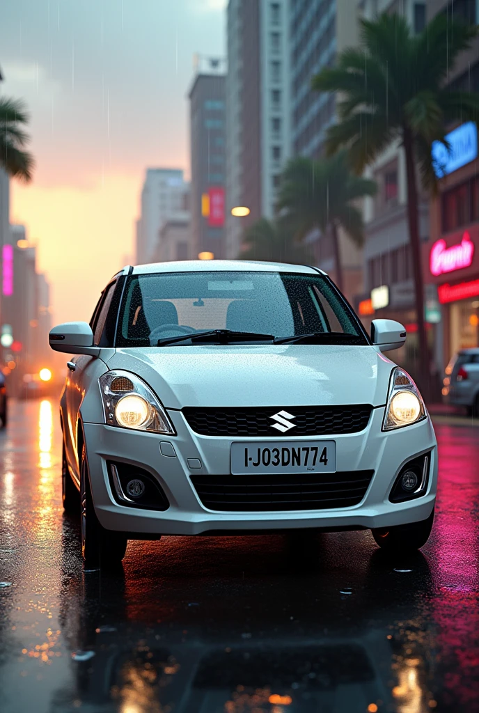 White maruti suzuki swift vdi car 2011 model on road in evening sunlight in background in city neon light and rain and buildings in background with number plate GJ03DN7744