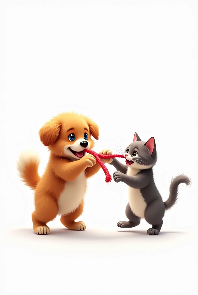 Cute dog and cat tug of war white background