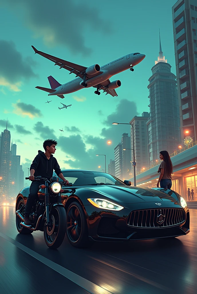 Black rolls royal car near pulsar 125 in city white and green light focus , aeroplane fly them , in pulsar one boy sitting with black huddt and pant background sea his huddy name arhan and one beautiful girl looking on rolls royal