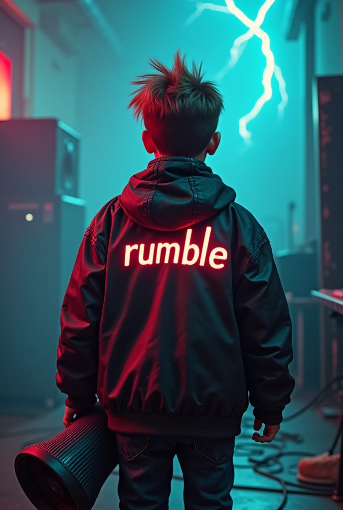 Punk  holding a loudspeaker and a jacket with the words &quot;rumble&quot; written on it with a back view and the background of &quot;rumble and the lightning&quot;