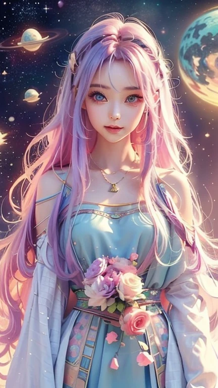 Close-up of a woman with colorful hair and necklace, Anime girl with space-like hair, The gentle vitality of rose roses, Goubes-inspired artwork, Fantasy art style, colorful], Vivid fantasy style, Ross draws vibrant cartoons, cosmic and colorful, Gwaiz, colorful digital fantasy art, Great art style, Beautiful anime style, White skin, subtle