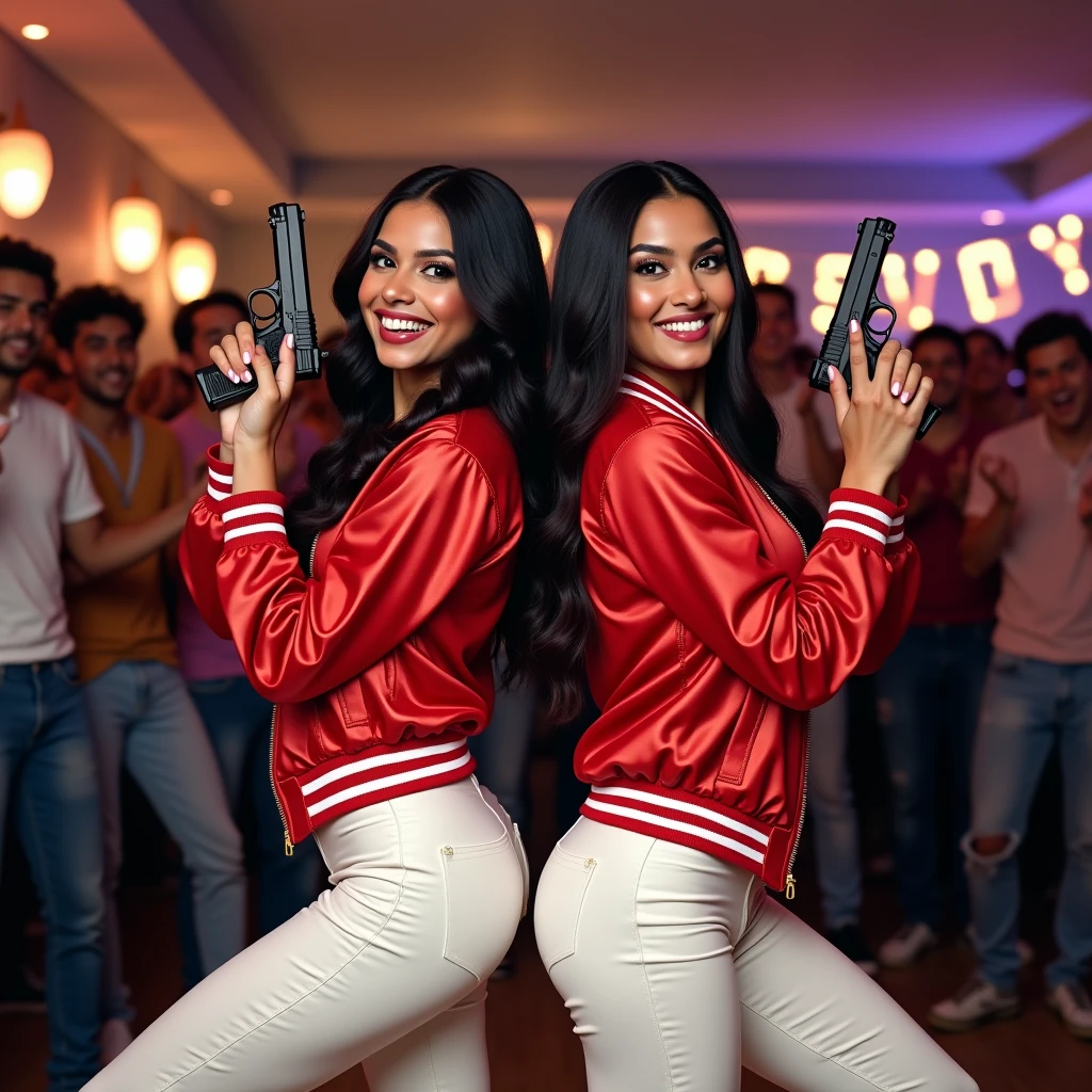 wide depth of field, wide depth of focus, f/11 lens setting, all objects in focus, full color image, 2 laughing Indian women standing back to back, posing with pistol held strait up by face, looking at camera ,large fraternity house game room, full body image, (red satin bomber jackets with white trim, shiny white satin pants), women posing with a pistol held up by face, one girl makes peace sign with hand, long flowing hair (one raven haired, one brunette) , confidant smile, pure form, intricate details, 8K post-production, high resolution, super detailed, Popular topics on Artstation,, Studio photos, intricate details, Very detailed, she stands in the middle of the room and she is surrounded by a large (all male) group of cheering young men wearing jeans and t-shirts who are all standing in the background
