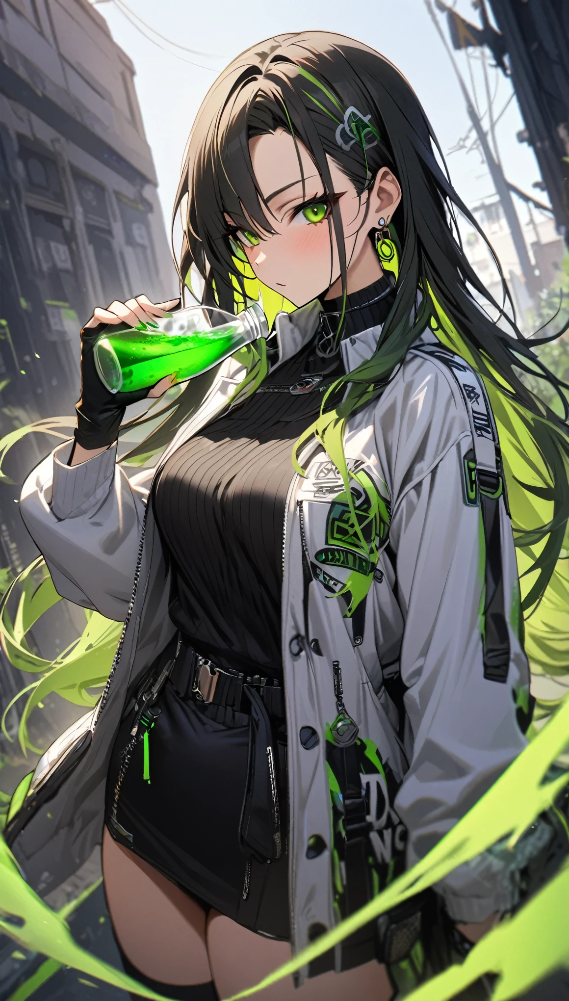 Extremely detailed, masterpiece, Angelic, 1 Girl, Focus on girls, Viper, lime green smoke, a girl holding flask containing green poison, Cool, Fashion Code, dark, green, Black