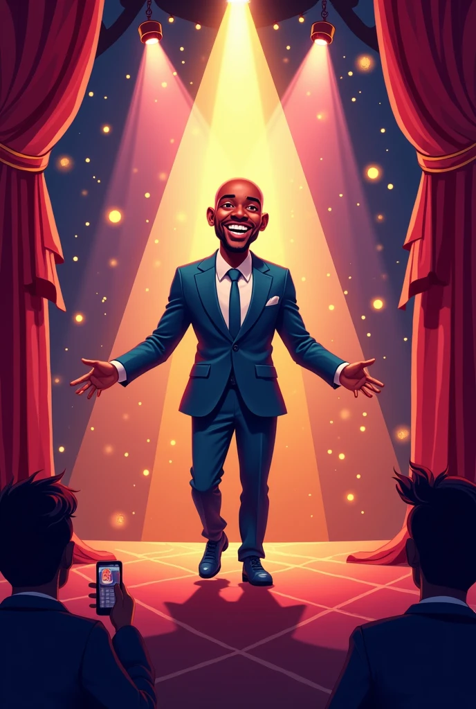 Theater show poster with theater stage , with black actor,baldie, without mustache and beard and goatee, smile and loud, in cartoon image