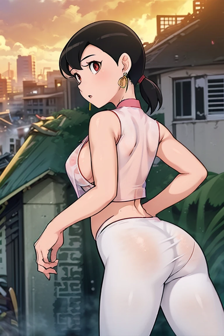 1girl, close up shot, (light black hair(0.1), medium hair, large breasts, red eyes), perfect anatomy, city, , (( earrings, see through white leggings)), ((holding gun)), war, ruined city, battle field, rubble, buildings,cigarette,shizuka,hot,looking at viewer