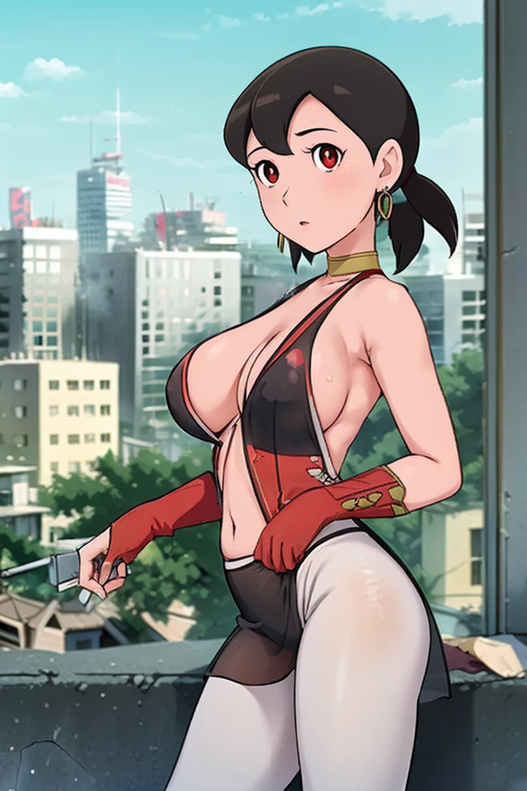 1girl, close up shot, (light black hair(0.1), medium hair, large breasts, red eyes), perfect anatomy, city, , (( earrings, see through white leggings)), ((holding gun)), war, ruined city, battle field, rubble, buildings,cigarette,shizuka,hot,looking at viewer