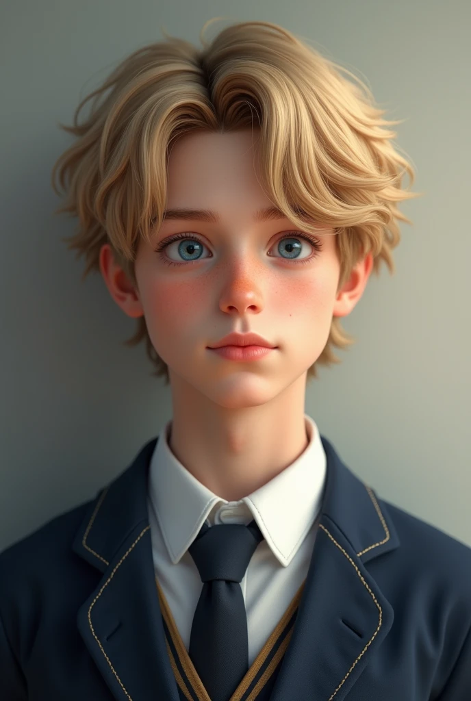 Adult boy blond blue eyes wavy hair wearing high school uniform