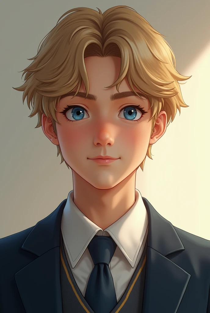 Adult boy blond blue eyes wavy hair wearing high school uniform
