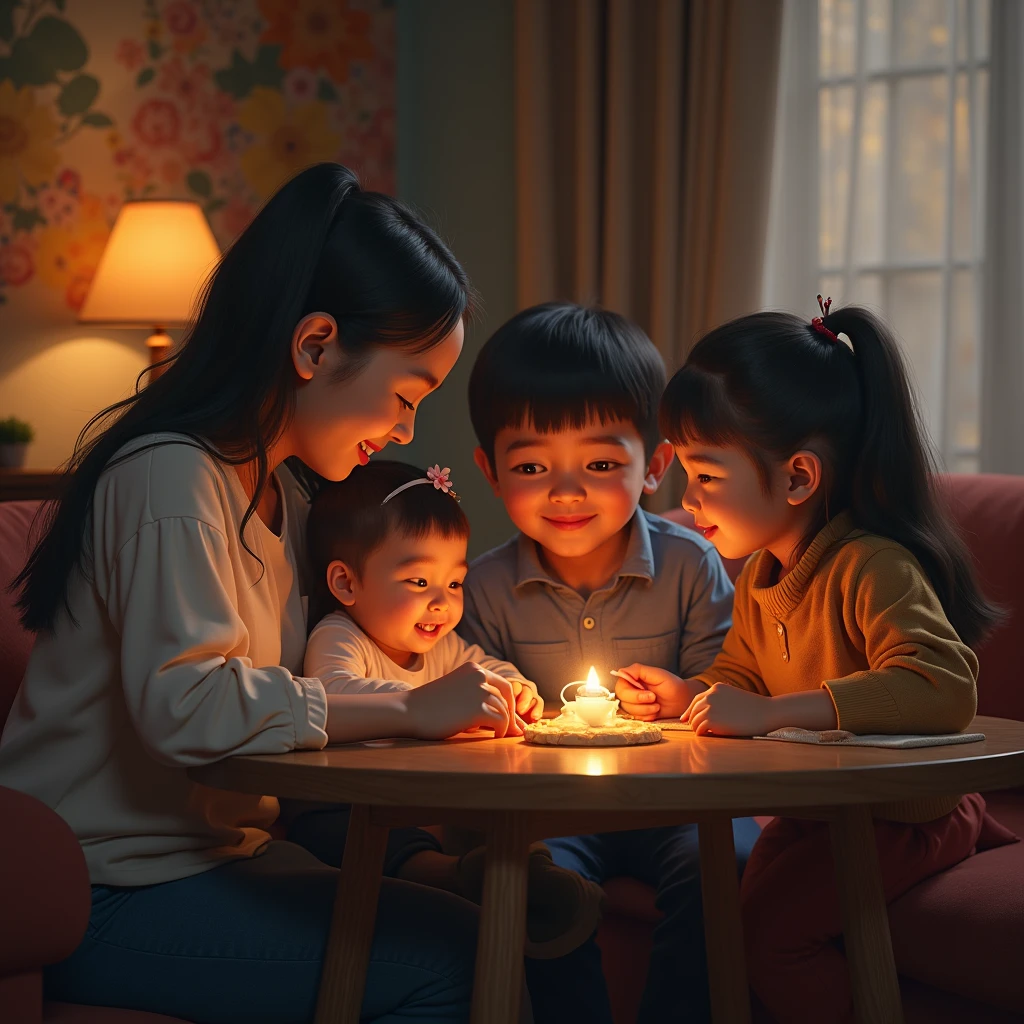 (Professional 3D Rendering:1.3) De (Realistic:1.3) The most beautiful art photos in the world，Soft Features, Family playing around table in living room, ((happy family, Well connected to each other)), (vibrating, photos realistic, Realistic, Dramatic, murky, foco nítido, 8K), (Convoluted:1.4), decadent, (ighly detailed:1.4), digitial painting, rendering by octane, art  stations, concept-art, suave, foco nítido, Illustration, Germ from art, (Roisch:0.23), Vlop Ilya Kuvshinov, e Gregg Rutkowski e Alphonse Mucha Gracias, (globalillumination, studio lights, Light Volumetric)