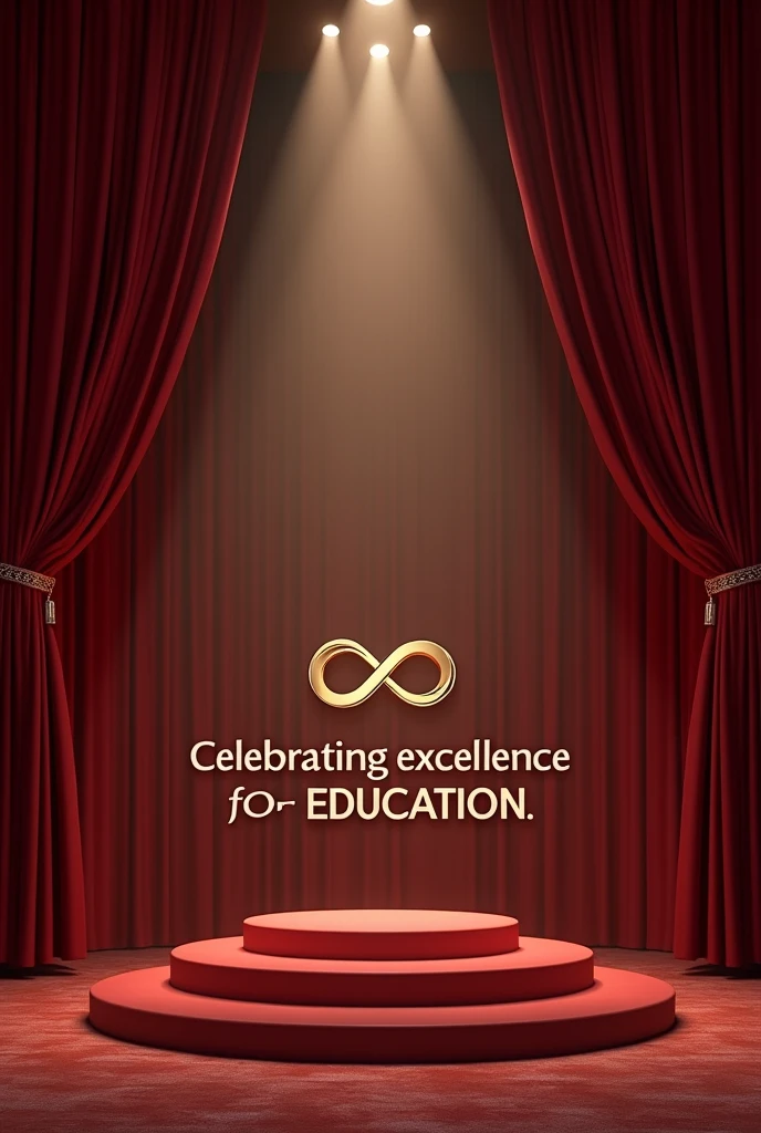 An elegant and grand looking stage with the red curtains drawn back , revealing the beautiful podium with the ADVAITHA infinity symbol logo exactly detailed gold colour letters , selver colour logo and and the text ″CELEBRATING EXCELLENCE IN EDUCATION” extremely detailed the text illuminated by spotlights extremely detailed spotlights