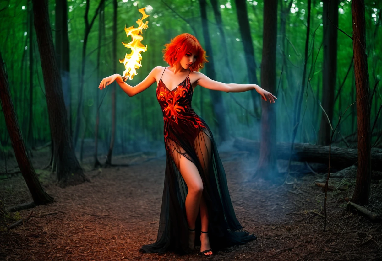 A fire sprite (cute woman, patches of flame dance on her skin, sheer flaming dress very revealing, light red skin, deep red eyes, flame hair), seductive graceful dance, setting woods aflame