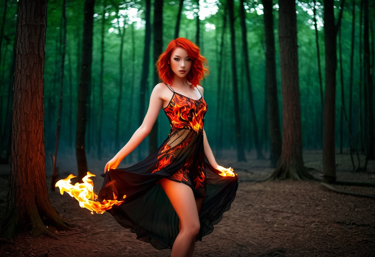 A fire sprite (cute woman, patches of flame dance on her skin, sheer flaming dress very revealing, light red skin, deep red eyes, flame hair), seductive graceful dance, setting woods aflame