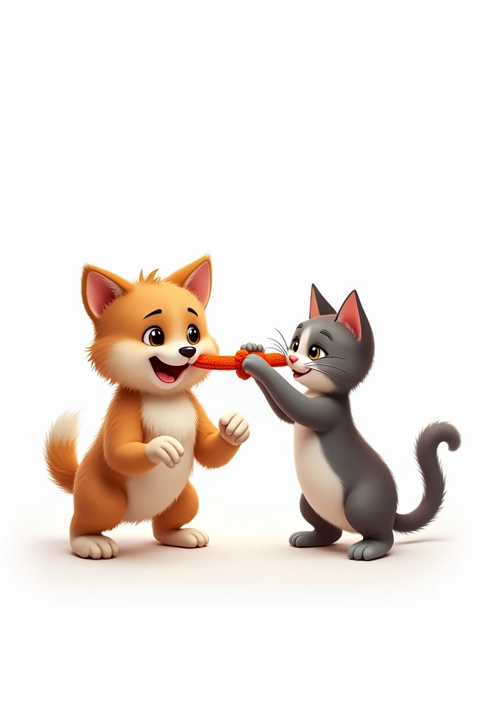 Cute dog and cat tug of war white background
