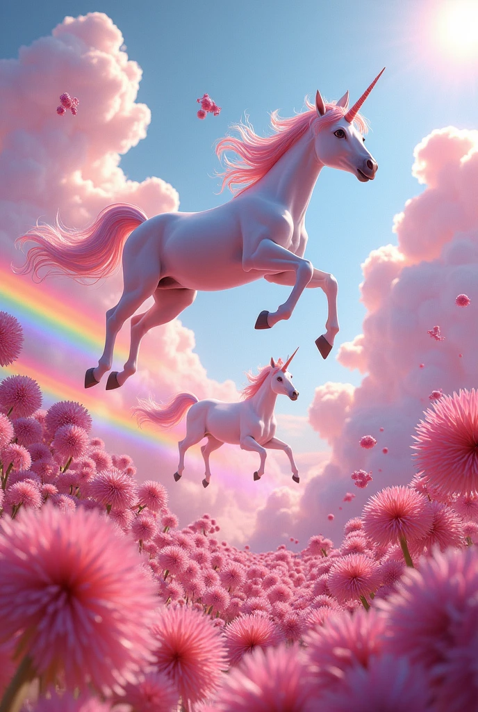 A pink world with clouds shaped like breasts. Happy flying unicorns that jump around and leave colorfull rainbows. Flowers shaped like spiky magic mushrooms with flying sperm around
in a futuristic defined creation