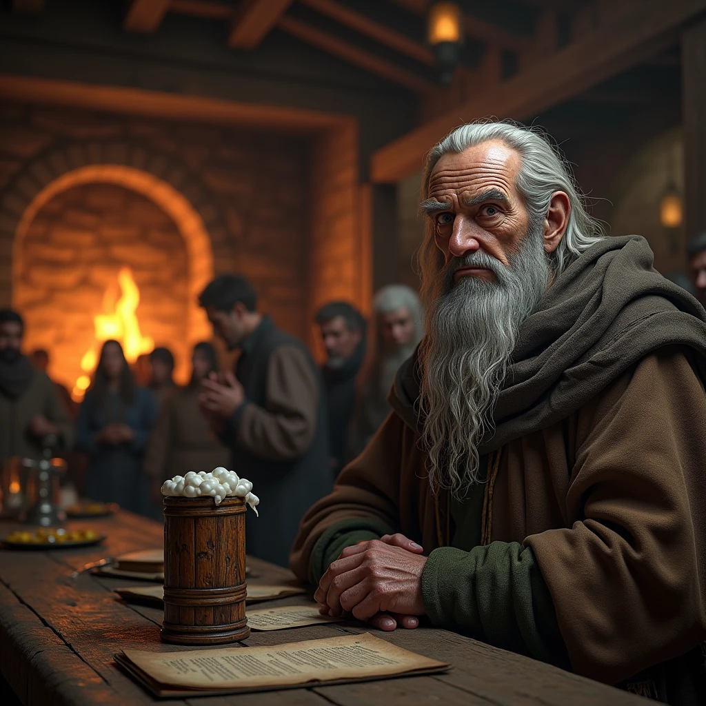 Create a highly detailed and realistic image of Belgarath the Sorcerer from David Eddings' 'The Belgarath', depicting him in his first notable appearance. He should be portrayed as an elderly man in his late 50s to early 60s, with a medium stature and a lean physique. His face should be deeply wrinkled, showing signs of age, with penetrating gray eyes suggesting wisdom and a hint of mischief. His long, gray hair should be somewhat disheveled, and he should be dressed in simple, somewhat worn traveler’s attire, such as a rugged cloak and a hat.

Position him in the foreground, to the right side of the image. The storyteller should be placed in the foreground, aligned with one of the side walls, making him appear larger and closer but slightly offset to one side. He should be sitting comfortably in a rustic wooden chair next to a roaring fireplace in a medieval-style tavern.

The drinking vessel should be a wooden tankard, not a glass jug. Ensure that the tankard has a rustic design and a texture that simulates wood, keeping with the fantasy setting. The scene should include warm, ambient lighting from the fireplace, wooden furniture without modern embellishments, and a lively crowd dressed in medieval attire, listening to his tale with interest.

The image should convey a sense of casual charm and historical authenticity, blending the mundane with hints of his true magical prowess. The narrator should be looking towards the center of the room where the audience is situated. The audience should be distributed in the center of the room, with larger figures in the foreground and diminishing in size towards the background, following the lines of perspective leading to the vanishing point.

Include these details to enhance the quality: high detail, realism, cinematic lighting, UHD, retina, masterpiece, accurate, anatomically correct, textured skin, super detail, high quality, best quality, highres, HD, 8K, hyper-realistic, and intricate.