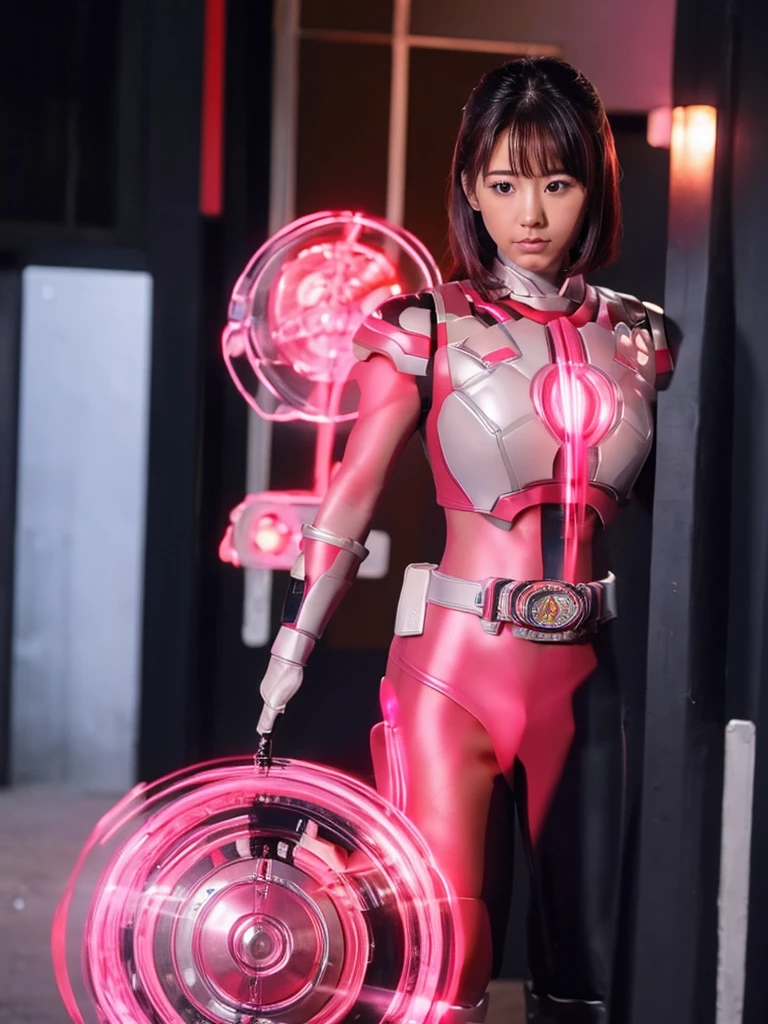 Wearing a shocking pink and white Iron Man suit、Beautiful and bewitching Japanese women、Plump body、