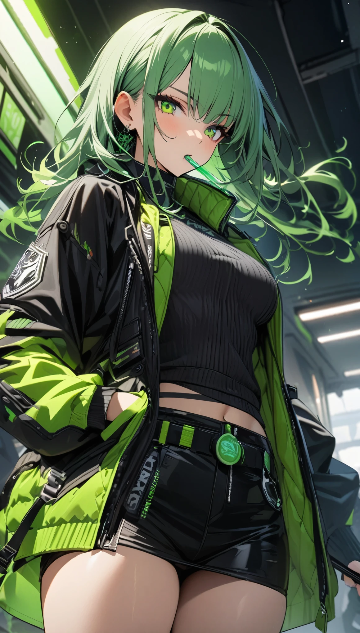 Extremely detailed, masterpiece, Angelic, 1 Girl, Focus on girls, Viper, lime green smoke, a girl holding flask containing green poison, Cool, Fashion Code, dark, green, Black