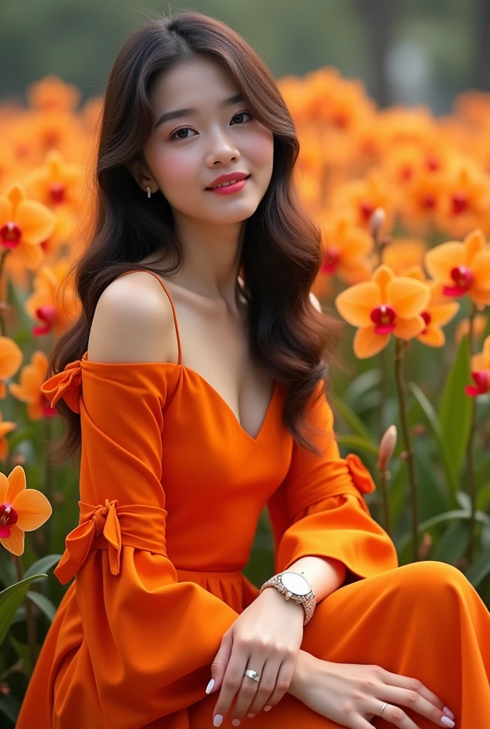 A beautiful Indonesian girl, smooth white skin, well-groomed face,rambut sanggul ala Korea, purple , ,wearing an orange dress,, knee length wide mayung, , closed door, left and right sleeves with beautiful ribbons,balloon sleeve model ,memegang kucing anggora berukuran sangat
besar, , ,luxury watch , white shoes, Sitting pose.. with grace, eyes looking at camera. in the thicket , orange orchid flowers that bloom beautifully and profusely. Orchid flower field background , beautiful very amazing .Realistic original photo