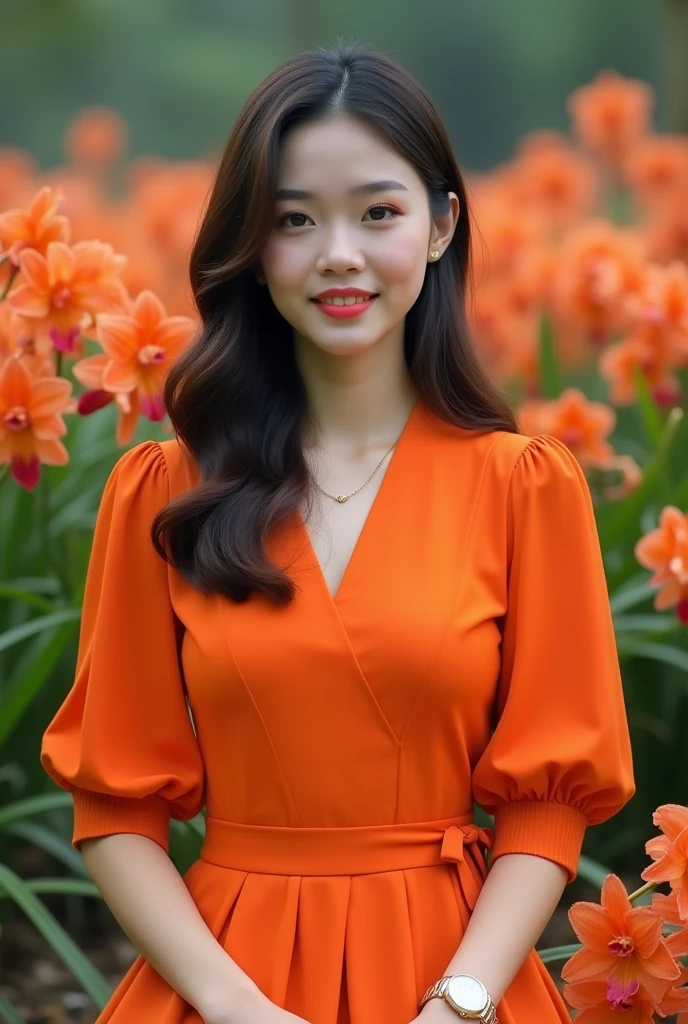 A beautiful Indonesian girl, smooth white skin, well-groomed face,rambut sanggul ala Korea, purple , ,wearing an orange dress,, knee length wide mayung, , closed door, left and right sleeves with beautiful ribbons,balloon sleeve model ,memegang kucing anggora berukuran sangat
besar, , ,luxury watch , white shoes, Sitting pose.. with grace, eyes looking at camera. in the thicket , orange orchid flowers that bloom beautifully and profusely. Orchid flower field background , beautiful very amazing .Realistic original photo