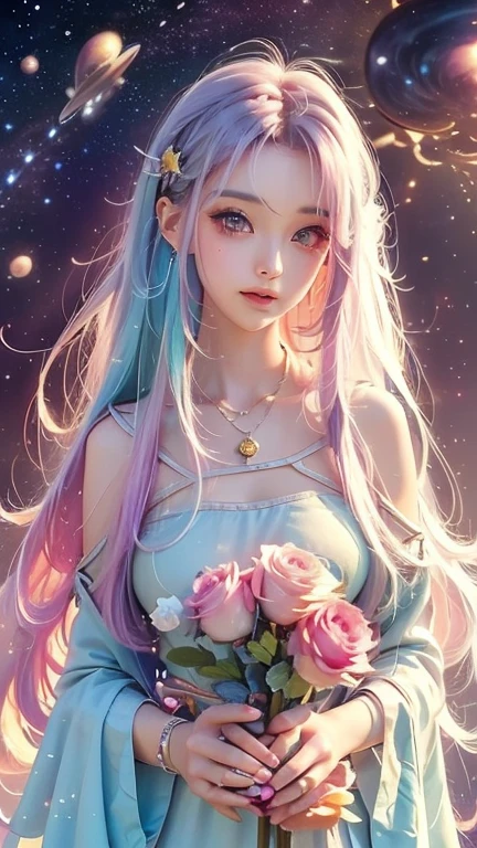 Close-up of a woman with colorful hair and necklace, Anime girl with space-like hair, The gentle vitality of rose roses, Goubes-inspired artwork, Fantasy art style, colorful], Vivid fantasy style, Ross draws vibrant cartoons, cosmic and colorful, Gwaiz, colorful digital fantasy art, Great art style, Beautiful anime style, White skin, subtle
