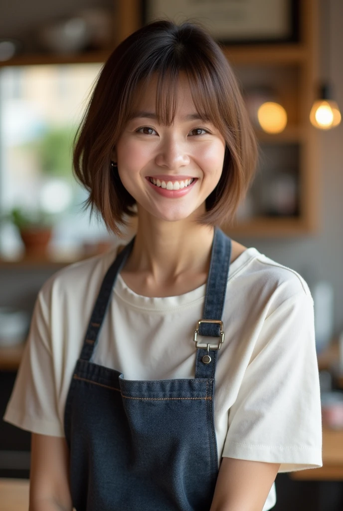 Japanese women、50 years old、Brown Hair、Hairstyle to the shoulders、Apron appearance、Bcup、Embarrassed look