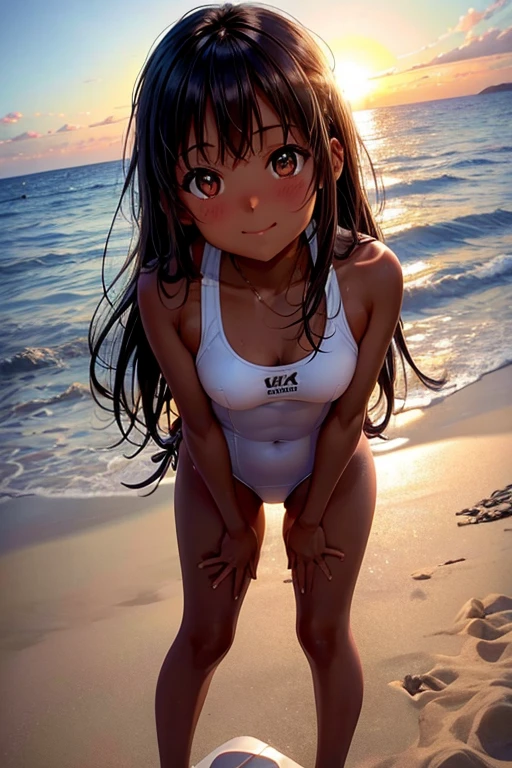 Tanned girl in a swimsuit standing on the beach、Illuminated by the setting sun、Smiling at the viewer、Cross your arms behind your back