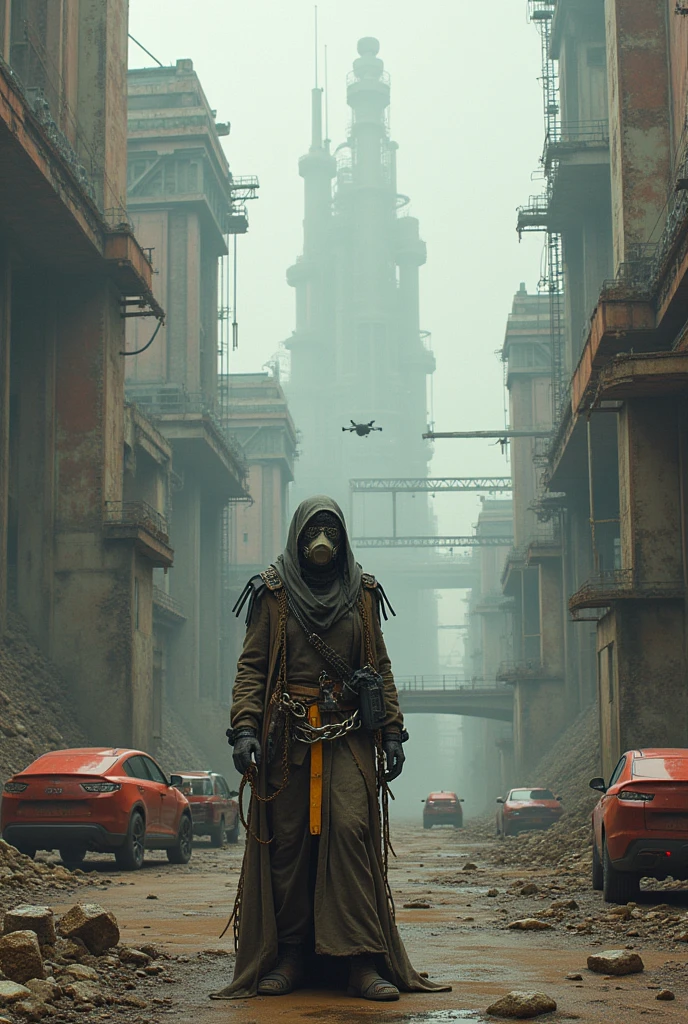 Aerial View of panoramic distopic city, steam punk, drones, metal, steel, sky line, britge, gate, soldier, street, army, rebelion, resistence, hologram, rusty metal, space ship, mega structure, oxygen Mask, ,oxygen tank with palnt in side, Wearing scrap clothes, metal gears, sniper, weapons, spikes, leather trench coat, pipes apparent, Apparent installations, machine scrap exposed mechanic cabling, a screenshot inspired by Mad Max, Neon Ligth, Trash, Garbage, Blade Runner, robotic scrap, android scrap, cyborg scrap, tumblr, dau-al-set, wearing apocalyptic clothes, ornate cyberpunk robes, chains, debris, smog, Vehicule Scrap from Mad Max, dressed as an oracle, tattered robes, intricate costume design, cyberpunk fashion clothing, still from a fantasy movie, post apocalyptic attire, mechanic exposed, cables, scrap, sky line of ruins, vehicule military.