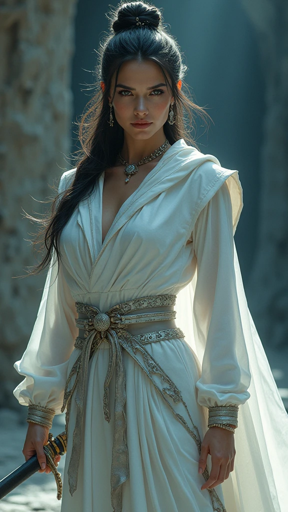 a cartoon of a woman in a white outfit with a sword, zenescope, emma frost, female moon knight, portrait of emma frost, art of silverfox, beautiful comic art, artgerm comic, high detail comic book art, chris moore. artgerm, comic digital art, as seen on artgerm, artgerm style, high quality, (RAW photo, best quality), (realistic, photorealistic: 1.4), (extremely delicate and beautiful: 1.4), amazing, fine details, masterpiece, ultra detailed, high resolution, best illustration, best shadow, intricate, ( extremely intricate: 1.2), (exquisitely detailed skin), cinematic light, perfect anatomy, (cool color: 1.4), sharp focus, 8k UHD, DSLR, (Fujifilm XT3),,(Fondo de ruinas de mazmorra en ruinas piedras grandes caverna cueva :1.4 ), (Chaotica: Spellbound:1.4), ( pose americano :1.4), (pose medio cuerpo :1.4), (mostrando su hermoso culo :1.4), (tiene un hermoso culo :1.4), (rear view, backside view),