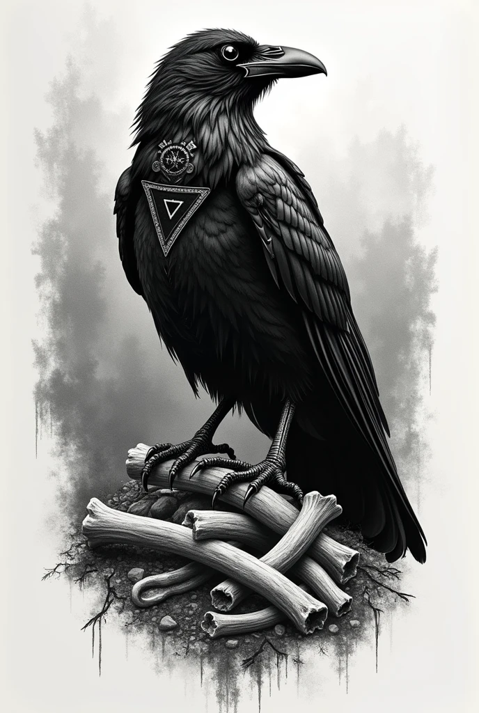 create a black and white pointillism tattoo of a viking norse raven with triangle runes darkness and war with viking battle fight and perched on bones