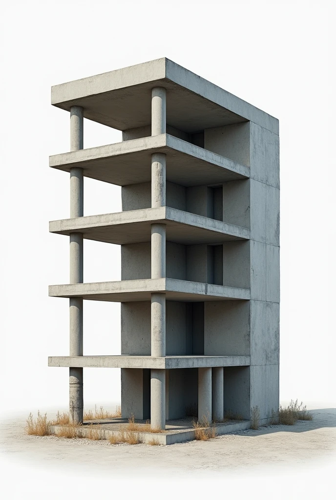 5 floors concrete building, roof 13 inches, other floors 7 inches concrete each floor height 12 feet closed building simple ,side view cut from half
