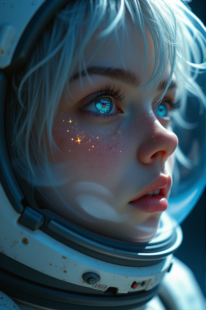(Close-up of a better masterpiece:1.5)0.9], (Space and astronauts:1.2) (Messy silver hair:1.1) (Heterochromia xanthochromia and blue eyes:1.2) (Space Helmet:1.0) (Colored stars in the eyes:1.0) (A radiant glow:1.1) (thick lips:0.9)