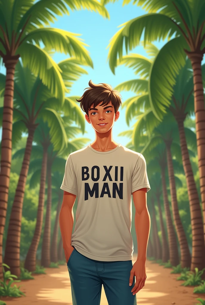A young man wearing a armless name on the armless is BOXII_MAN with capital letters standing under the coconut plantation