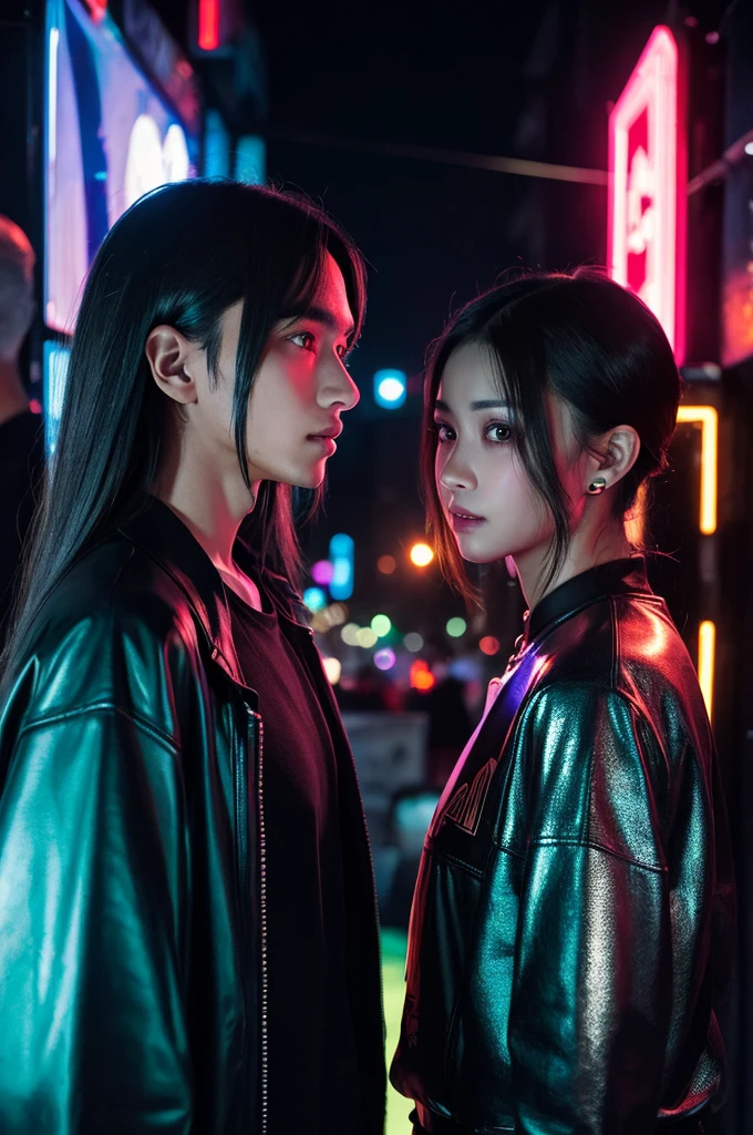 A beautiful boy with a center parting and a woman with narrow eyes staring at each other in a cyberpunk club、neon、high resolution