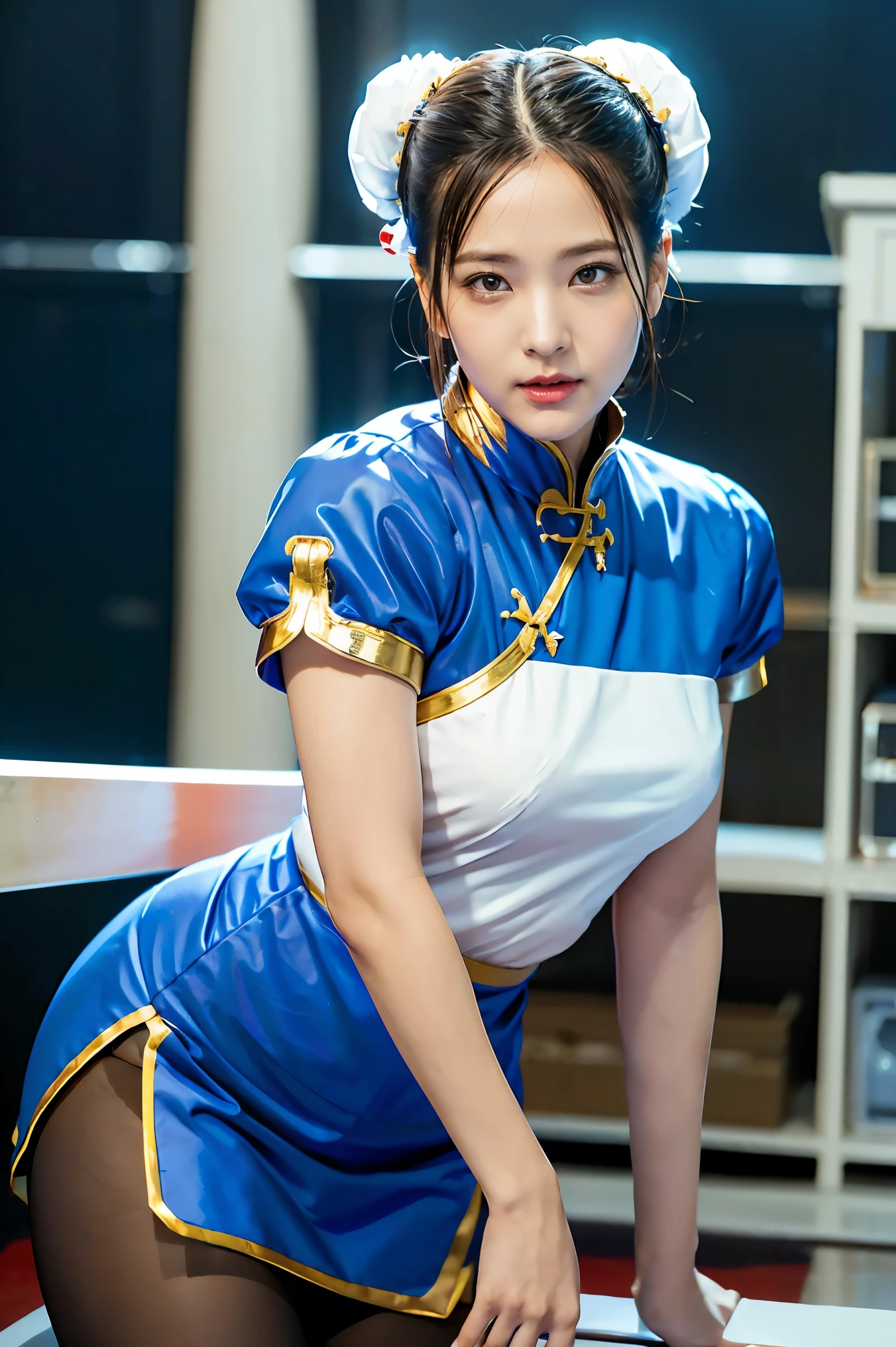 Chun-Li from Street Fight II,The perfect Chun Li outfit,Blue cheongsam with gold lines,Bun head,Covers well,Fighting posture,Masterpiece、1 beautiful girl、good eyes、Bags under the eyes、Highest quality, 超high resolution, (reality: 1.4), movie light、Japan、Asian beauty、Korea、It's so beautiful.、Beautiful skin、body facing forward、close to face、(超reality的な)、(high resolution)、(8ก)、(very detailed)、(美しくgood eyes)、(Superb details)、 (wall-)、detailed face、bright light、professional lighting、looking at the audience、looking straight ahead、Slim and slender、Nogizaka Idol、ไอดอลKorea、Masterpiece, Highest quality, Masterpiece, Highest quality, perfect face, Perfect brown eyes with sclera., bad moves-5, alone, 1 woman, upper body, brown hair, From SF2, Chinese service, smile, muscular woman, blue clothes, tights, Pelvic curtain, puffy short sleeves, Covers well, sash, appraisal:safety