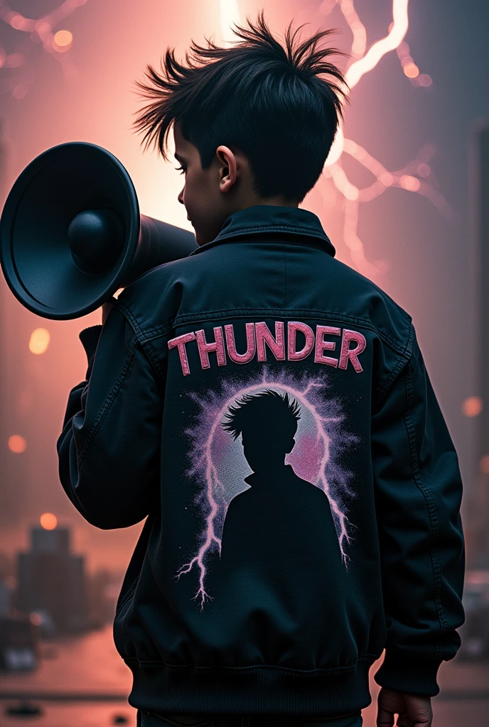 Punk kid holding a loudspeaker and a jacket with thunder written on it with a silhouette and thunder and the lightning background