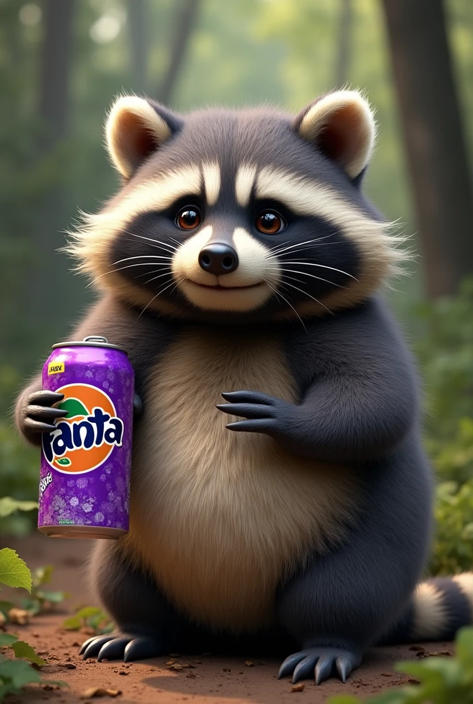 A fat raccoon holding a Fanta grape、high resolution、Eye Crawling、The corners of his mouth are turned up、