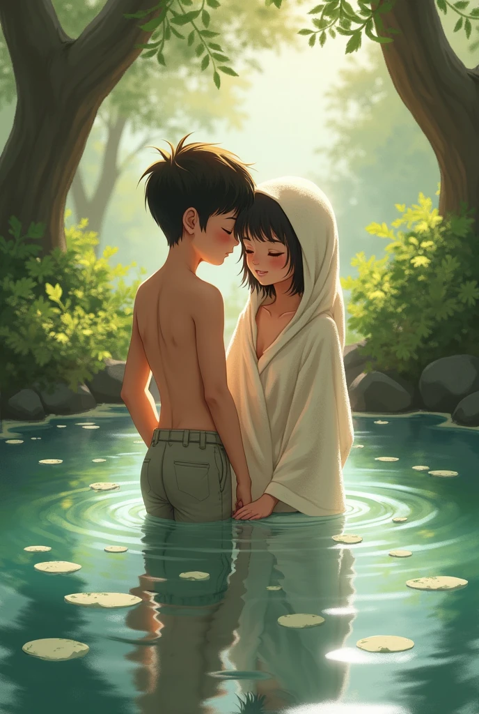 A boy and his female friend bathing in a pond .boy is wearing trousers and girl wearing a bath towel 
