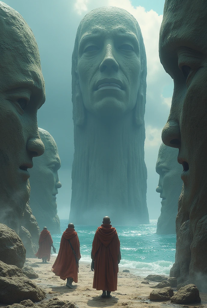 (masterpiece, Best Quality:1.2), Super detail, cinematic lighting, HdR, illustration, Giant stone heads as habitat in the middle of the sea, showy,  monks in procession, mystery, Very detailed, high contrast, golden ratio composition, epic view, masterpiece,