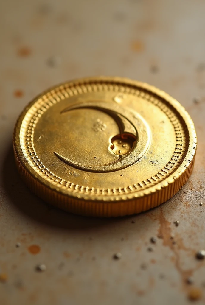 A gold coin with a light teeth bite on it