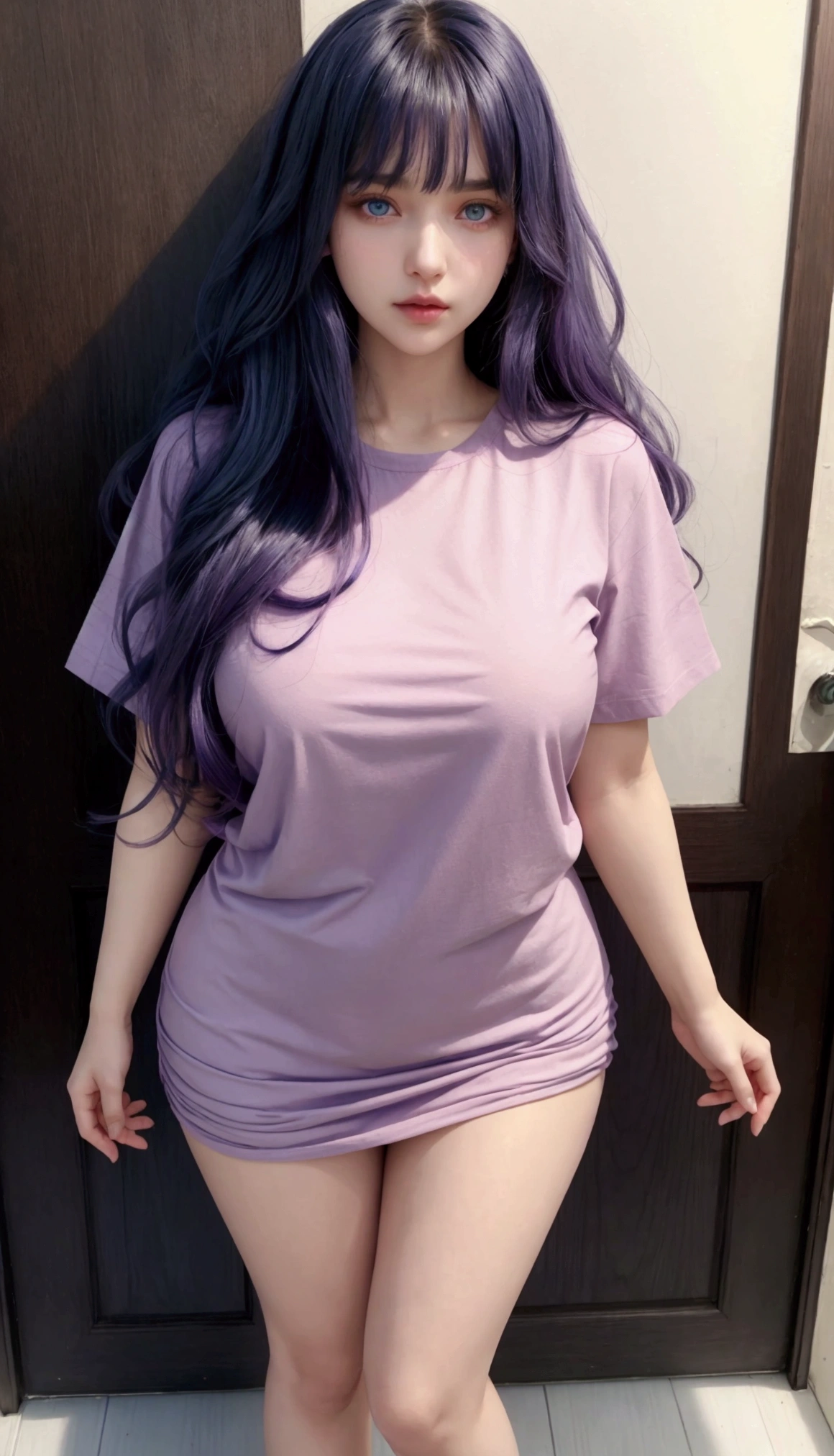 Fullbody image, female, dark blue wavy long hair with bangs, blue eyes, pink lips, beautiful gentle face, sexy body, big, long legs, fair skin, standing, wearing big extra large size purple T-shirt,