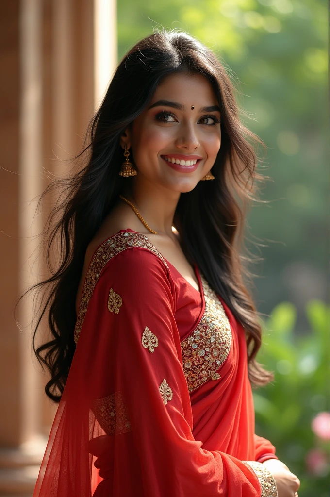 Certainly! Here’s a prompt you can use to generate a photo:
"Create an image of a beautiful Indian girl with a warm and radiant smile. She should have long, flowing dark hair and be dressed in a traditional, elegant outfit such as a saree or lehenga with intricate embroidery. The background can be a serene, picturesque setting, such as a lush garden or a classic Indian architectural backdrop."