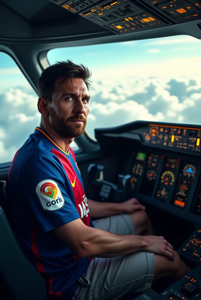 Messi is driving a huge big plane .camer is in front of messi's face