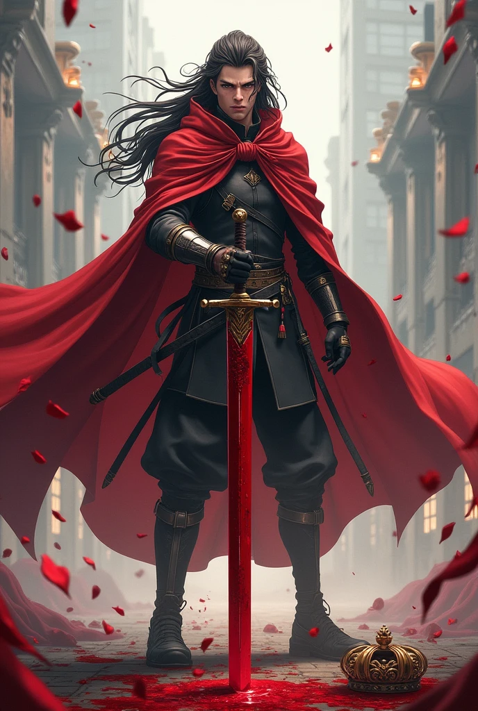 A warrior  defeating many people and his sword is fully coverd with blood and he is wearing his red cape also his hairs are long and he is more like young anime teenager and his crown is placed on the ground