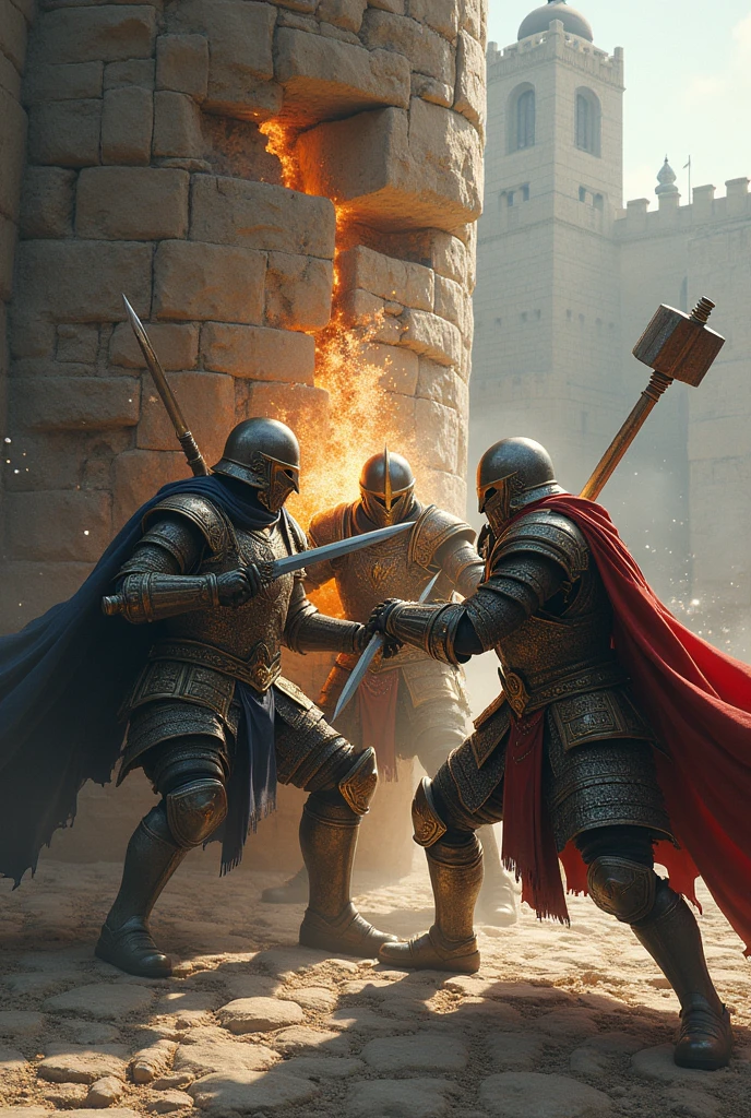 three armored warrior, two hold swords, one holding hammer, destroying wall