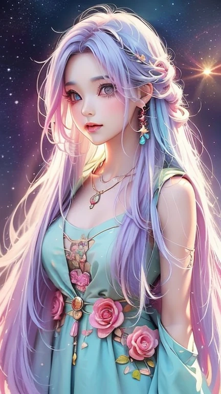 Close-up of a woman with colorful hair and necklace, Anime girl with space-like hair, The gentle vitality of rose roses, Goubes-inspired artwork, Fantasy art style, colorful], Vivid fantasy style, Ross draws vibrant cartoons, cosmic and colorful, Gwaiz, colorful digital fantasy art, Great art style, Beautiful anime style, White skin, subtle