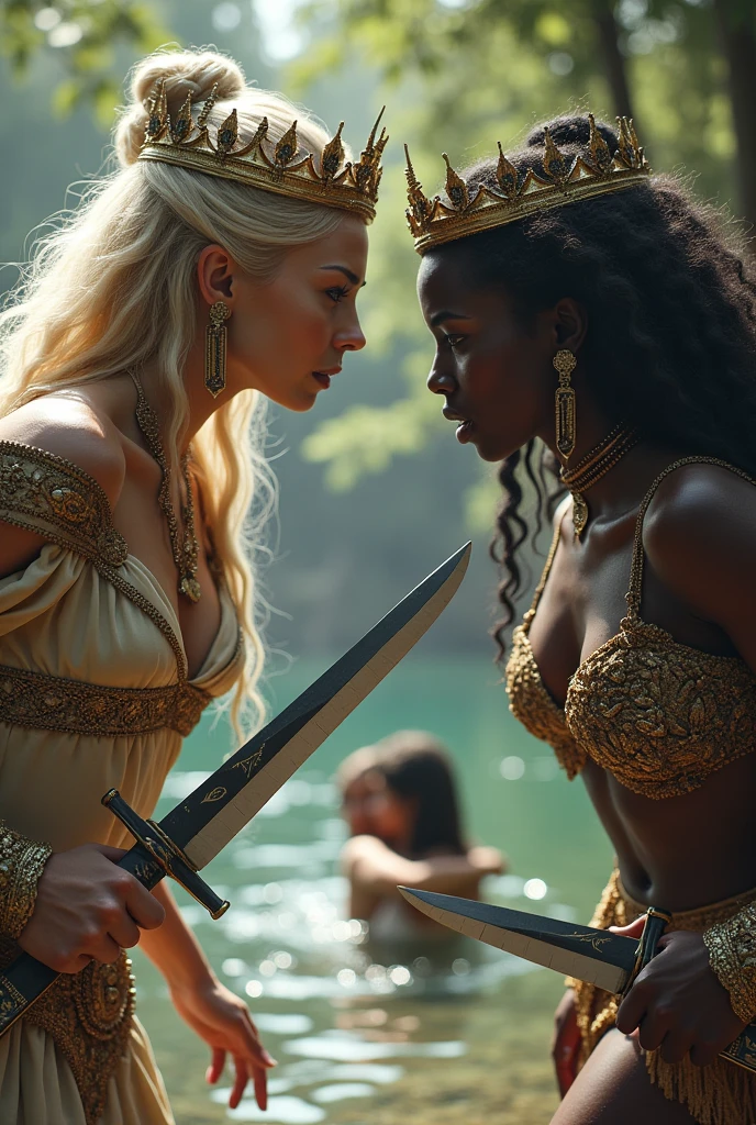 white skinned russian imperial queen with dark skinned daughter, and dark skinned african tribal queen with pale white skinned daughter,stone age, both have a similar build, both are sitting ,beside a lake, both their faces have a angry frown , fighting eachother with a ornate knives in their hands while their daughters are in the distance kissing in the lake