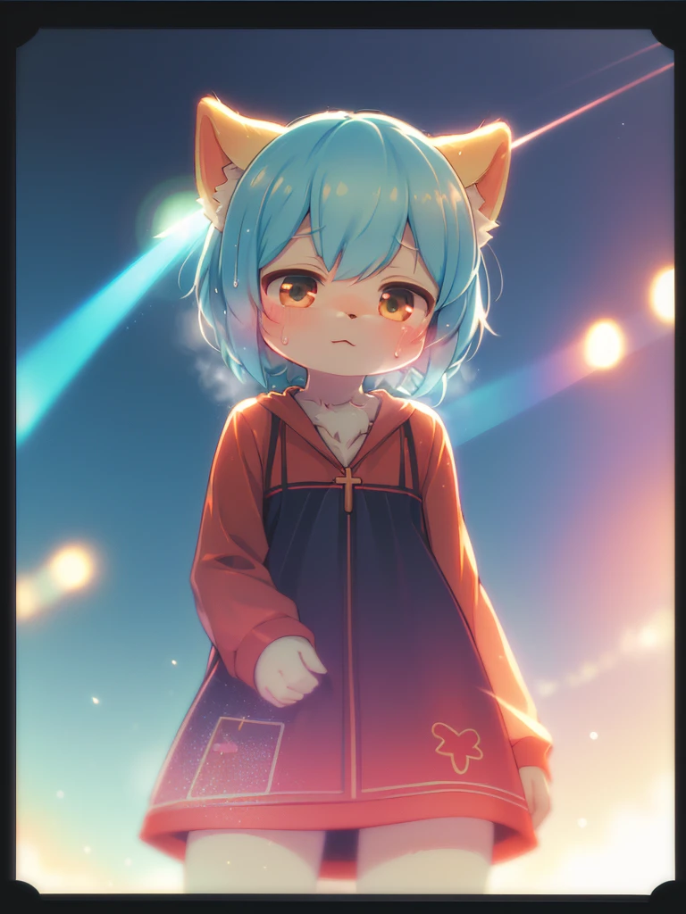 (Sumilux f1.4 36mm , Polaroid , low Latitude old color negative film , cross process , (bokeh), Long exposure , blur , flare, chromatic aberration , (soft focus), (Shallow focus) , soft glow , Maximum aperture, low Key , Transparent depiction , Tyndall) ,kawaii anime style , sweaty girl , sweaty