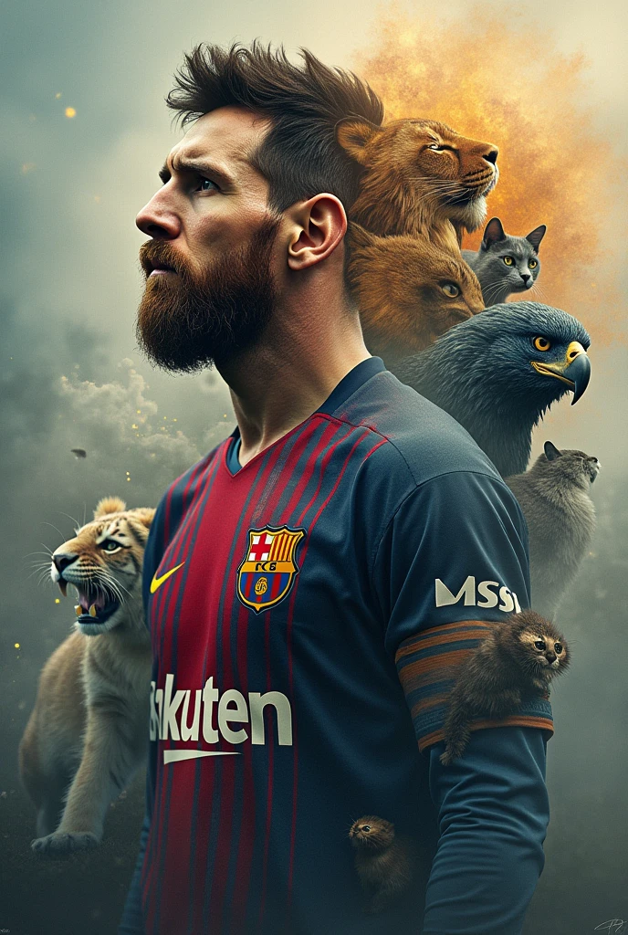 Messi with many animal like lion,tiger,cat,eagle,elephant,