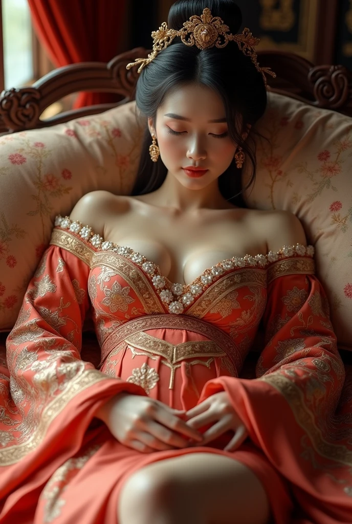 (photorealism:1.2), Using Imperial Chinese Traditional Dress, beautiful Queen, lying on the bed, A close-up and straight-on view from above, good body, give up, big breasts, like Diao Chan.